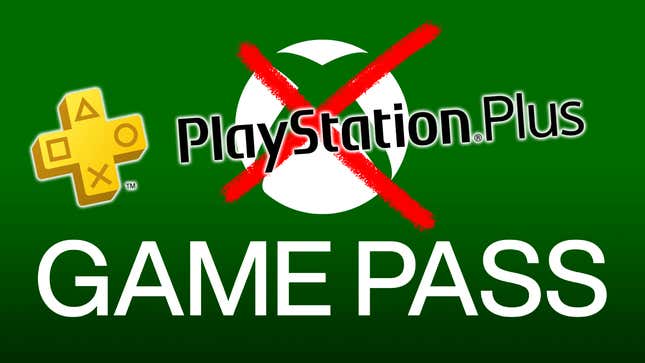 A gruesome merging of the Xbox Game Pass and PlayStation Plus logos makes you think.