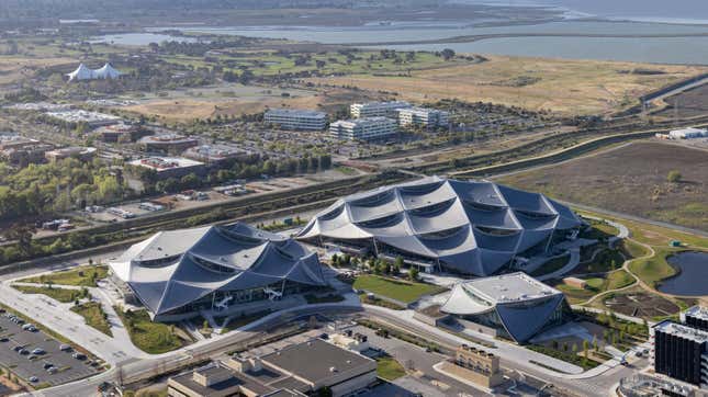 An aerial image of Bay View with Google's Mountain View office in the background.