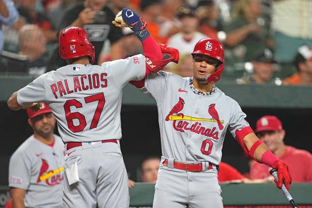 Sep 12, 2023; Baltimore, Maryland, USA; St. Louis Cardinals outfielder Richie Palacios (67) greeted by shortstop Masyn Winn (0) following his solo home run in the fourth inning against the Baltimore Orioles at Oriole Park at Camden Yards.