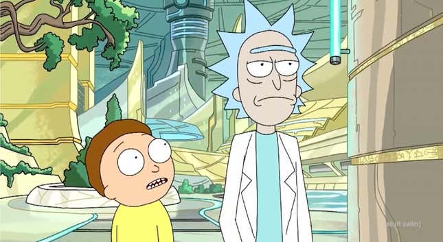 Morty and Rick of Rick and Morty walk together in a sci-fi landscape.
