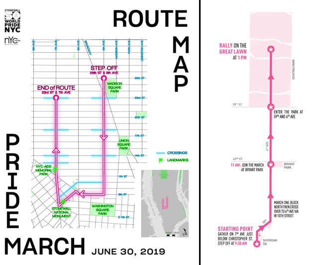 NYC Pride map (left) and Reclaim Pride map (right)