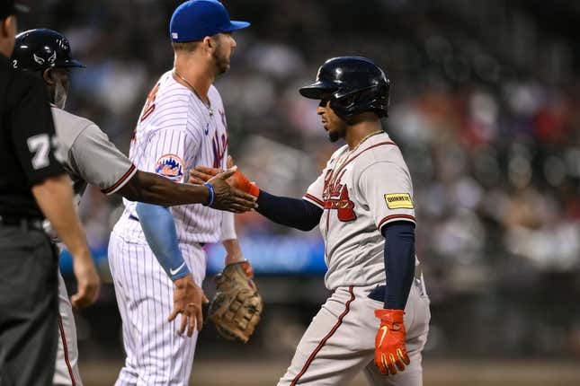 Aug 12, 2023; New York City, New York, USA; Atlanta Braves second baseman Ozzie Albies (1) reacts after hitting a single against the New York Mets during the fourth inning at Citi Field.