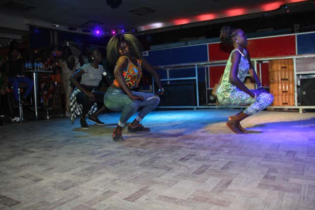 A group performs a dance at a day party in Juba, South Sudan.