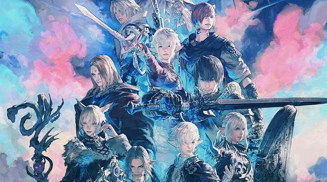 An illustration showing FFXIV: Endwalker's heroes standing in front of blue and pink clouds. 