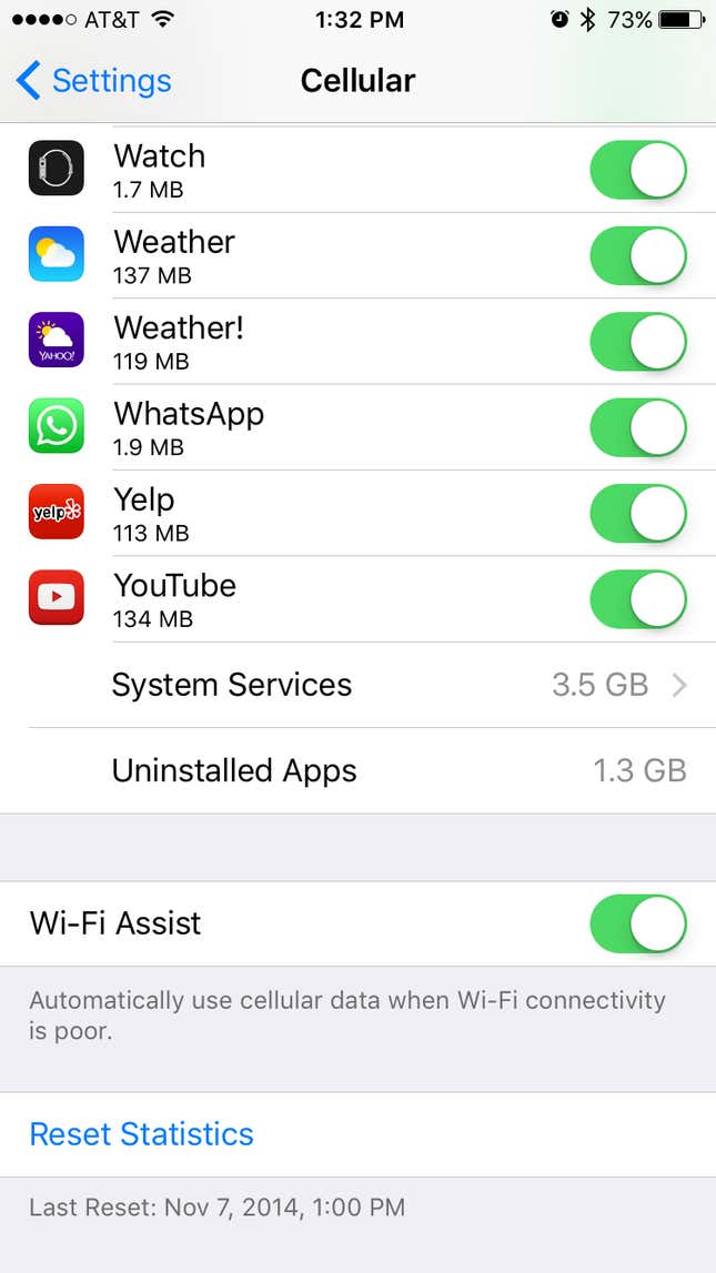 Down at the bottom of Settings > Cellular