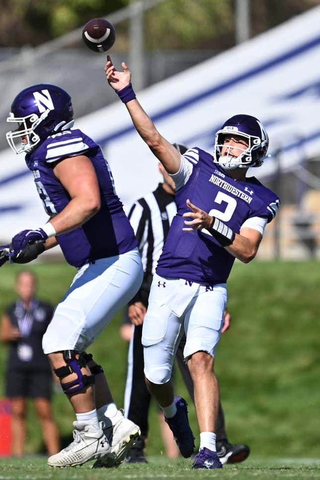 Sep 9, 2023; Evanston, Illinois, USA;  Northwestern Wildcats quarterback Ben Bryant (2) passes in the first half against the University of Texas El Paso Miners at Ryan Field.
