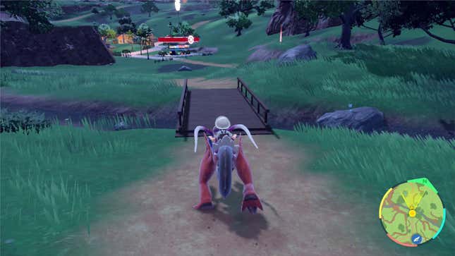 Riding a Koraidon toward a bridge.
