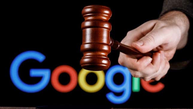 A gavel in front of the Google logo.
