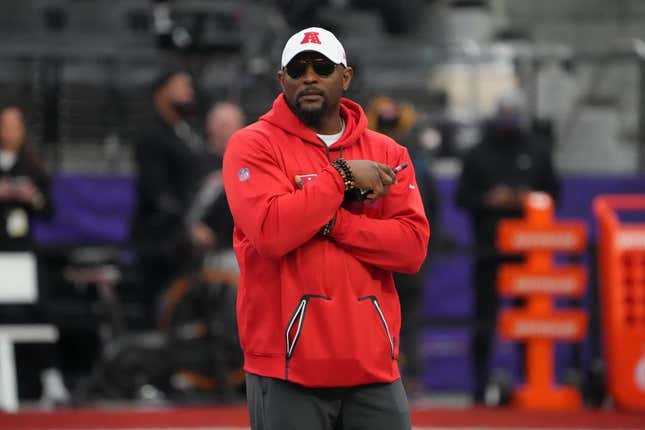 Feb 4, 2023; Paradise, NV, USA; AFC defensive coordinator Ray Lewis reacts during Pro Bowl Games practice at Allegiant Stadium.