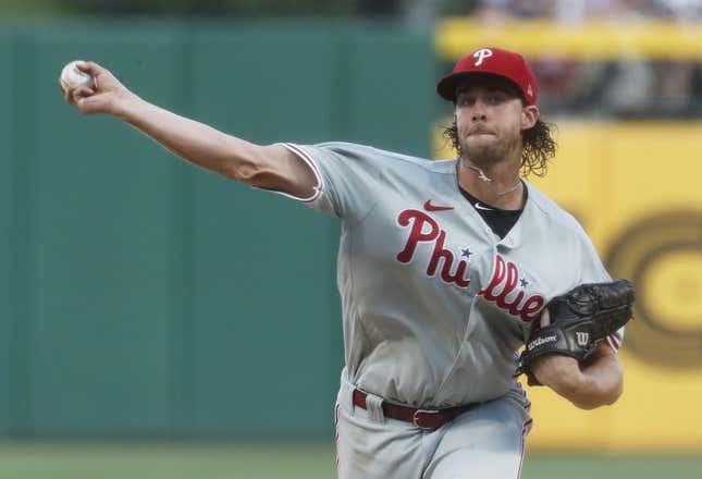 Jul 29, 2023; Pittsburgh, Pennsylvania, USA;  Philadelphia Phillies starting pitcher Aaron Nola (27) throws against the Pittsburgh Pirates during the third inning at PNC Park.