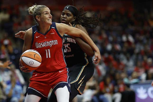 May 19, 2023; Washington, District of Columbia, USA; Washington Mystics forward Elena Delle Donne (11) drives to the basket as New York Liberty forward Jonquel Jones (35) defends in the third quarter at Entertainment &amp;amp; Sports Arena.