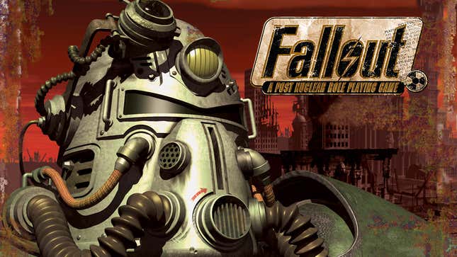 In the foreground a heavy metallic helmet with lots of tubes and other doodads is seen against a rusty cityscape, a red sky, and the words Fallout: A Post Nuclear Role Playing Game.