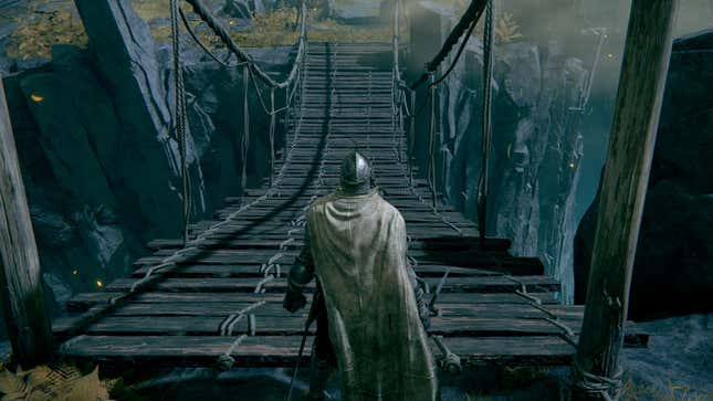 A fantasy warrior gazes upon an old, wooden bridge.