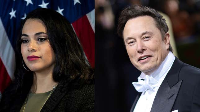 Side-by-side photographs of Mayra Flores and Elon Musk