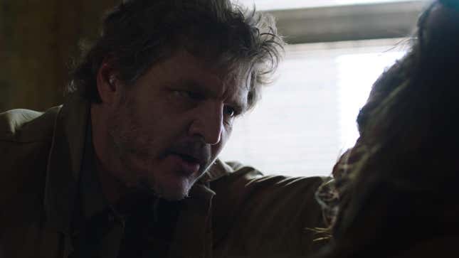 Joel stares intently at another man in a torture scene from HBO's The Last of Us.