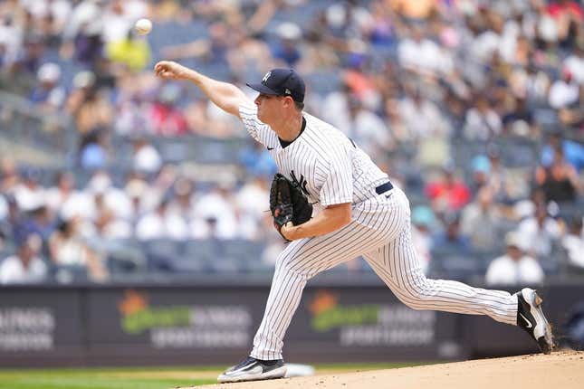 Jul 8, 2023; Bronx, New York, USA; New York Yankees pitcher Gerrit Cole (45) pitches against the Chicago Cubs during the first inning at Yankee Stadium.