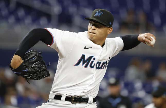 Jun 6, 2023; Miami, Florida, USA; Miami Marlins starting pitcher Jesus Luzardo (44) pitches against the Kansas City Royals during the first inning at loanDepot Park.