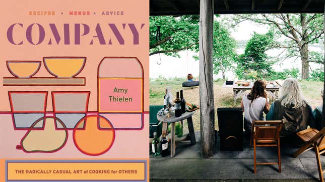 Cover of Company cookbook by Amy Thielen, left; friends hanging out by the Minnesota lakeside, right. 