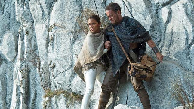 Halle Berry and Tom Hanks on a cliff in Cloud Atlas.