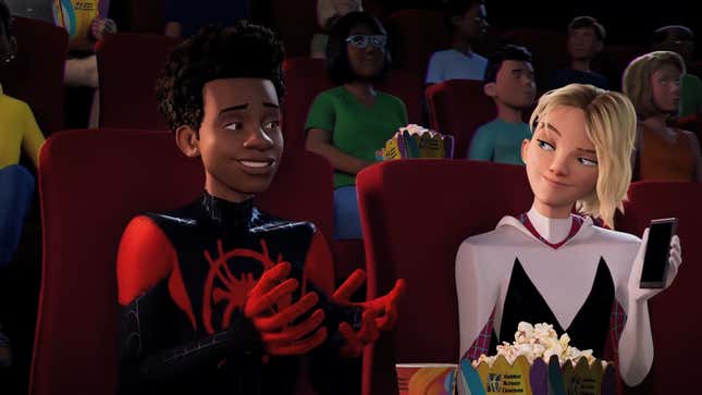 An Into The Spider-Verse GSCinemas advertisement shows Gwen Stacy and Miles Morales on a date at the movies. 
