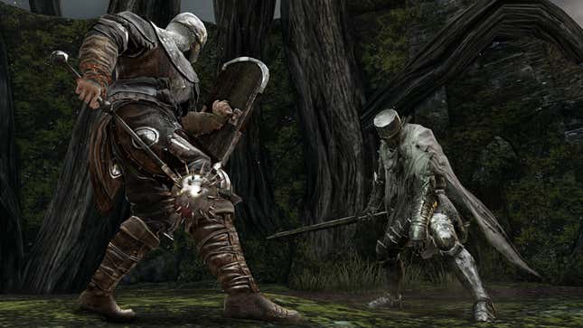 Dark Souls 2 knight carrying a spiky weapon and shield blocks against a hunched knight with a sword.