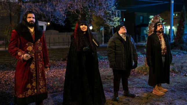 Kayvan Novak, Natasia Demetriou, Harvey Guillén, and Matt Berry in What We Do In The Shadows