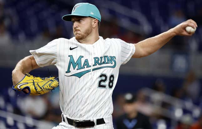 Apr 14, 2023; Miami, Florida, USA; Miami Marlins starting pitcher Trevor Rogers (28)pitches against the Arizona Diamondbacks during the first inning at loanDepot Park.