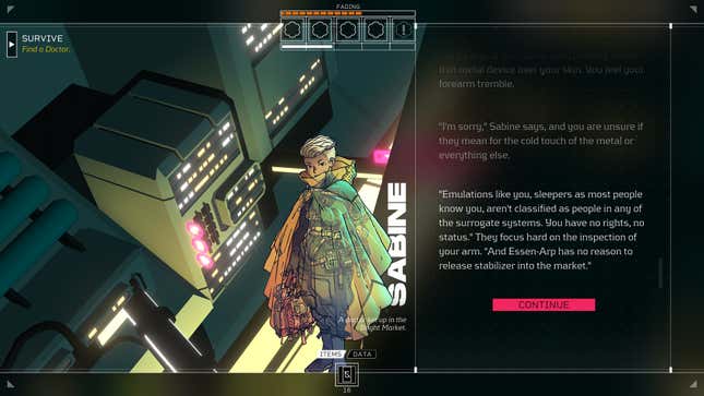 A screenshot of Citizen Sleeper shows a side menu with dialogue and a portrait of a character. 