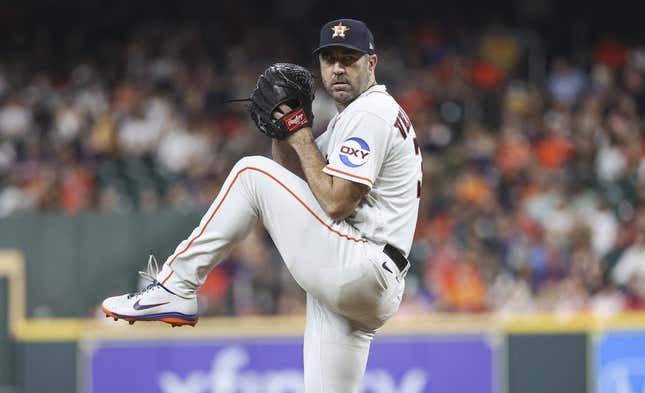 Aug 22, 2023; Houston, Texas, USA; Houston Astros starting pitcher Justin Verlander (35) delivers a pitch during the second inning against the Boston Red Sox at Minute Maid Park.