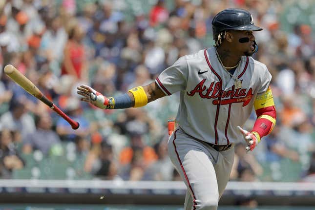 Jun 14, 2023; Detroit, Michigan, USA;  Atlanta Braves right fielder Ronald Acuna Jr. (13) hits a two run home run in the third inning against the Detroit Tigers at Comerica Park.