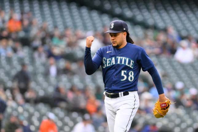 May 22, 2023; Seattle, Washington, USA; Seattle Mariners starting pitcher Luis Castillo (58) celebrates getting the final out of the first inning against the Oakland Athletics at T-Mobile Park.