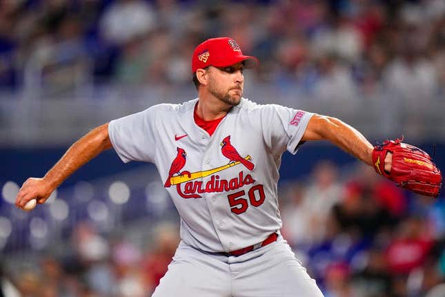 Jul 4, 2023; Miami, Florida, USA; St. Louis Cardinals starting pitcher Adam Wainwright (50) throws a pitch against the Miami Marlins during the first inning at loanDepot Park.