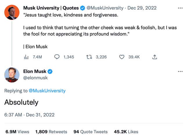 A screenshot of Elon agreeing with a quote from himself tweeted by @MuskUniversity.