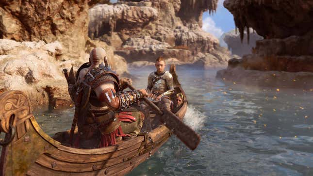 A screenshot shows Kratos and his son riding together in a wooden boat.