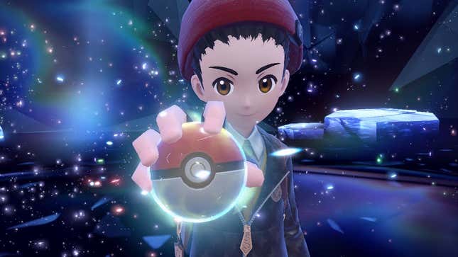 A Pokémon trainer is seen holding a Pokéball and looking confidently at the camera.