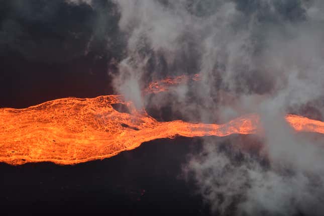 An aerial shot of the lava flow on Mauna Loa taken on November 28, 2022. 