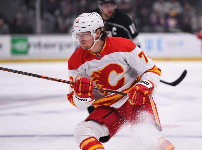 Mar 20, 2023; Los Angeles, California, USA; Calgary Flames right wing Tyler Toffoli (73) skates during first period against Los Angeles Kings at Crypto.com Arena.