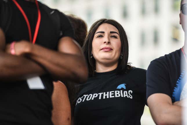 Laura Loomer waits backstage during a “Demand Free Speech” rally on Freedom Plaza on July 6, 2019 in Washington, DC. The demonstrators are calling for an end of censorship by social media companies.