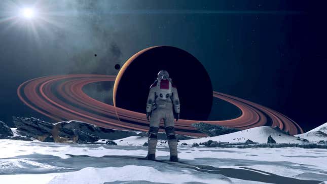 A Starfield astronaut stares at a ringed planet from a distance on what could be assumed to be a moon.