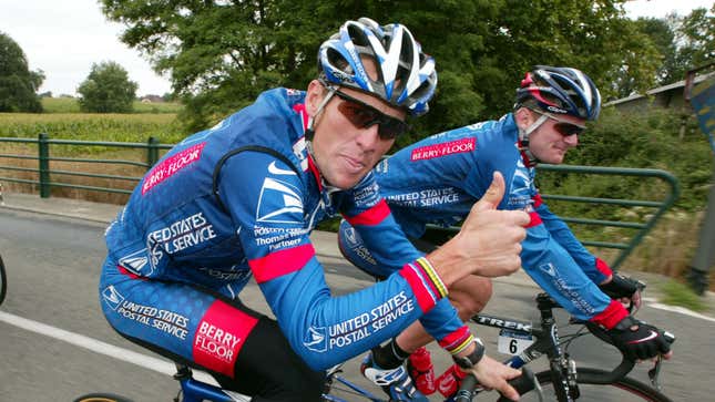 LANCE ARMSTRONG OF THE USA RIDES WITH TEAM MATE FLOYD LANDIS OF THE USA DURING A PRACTICE SESSION IN THE SECOND REST DAY OF THE TOUR DE FRANCE.