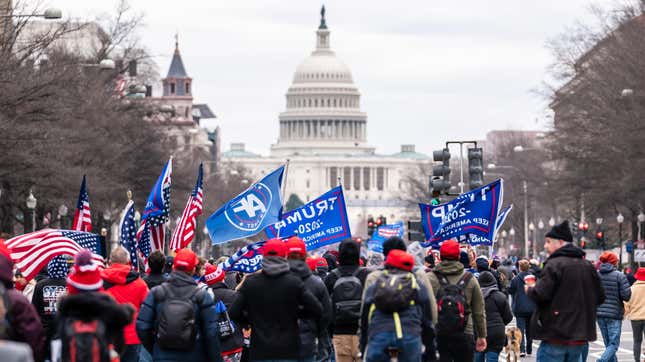 Trump supporters marching towards the Capitol Building on January 6, 2021. Following the attempted insurrection, multiple companies including Amazon said they would stop PAC donations to election denying politicians. Turns out, that funding moratorium wasn’t intended to be permanent. 