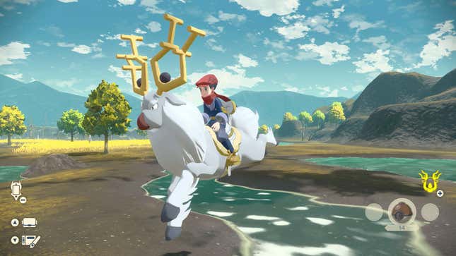 A Pokemon trainer rides Arceus in Pokemon Legends: Arceus.