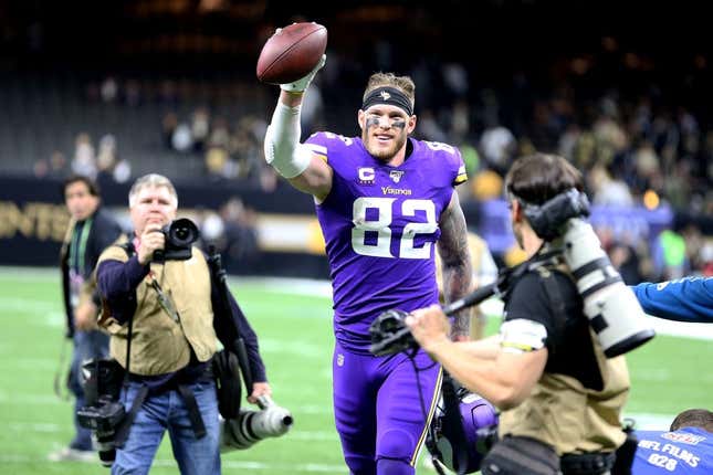 Jan 5, 2020; New Orleans, Louisiana, USA; Minnesota Vikings tight end Kyle Rudolph (82) celebrates after defeating the New Orleans Saints in overtime of a NFC Wild Card playoff football game at the Mercedes-Benz Superdome.