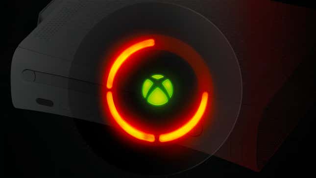 A stylized image shows an Xbox power button and logo with the red-ring error symbol.