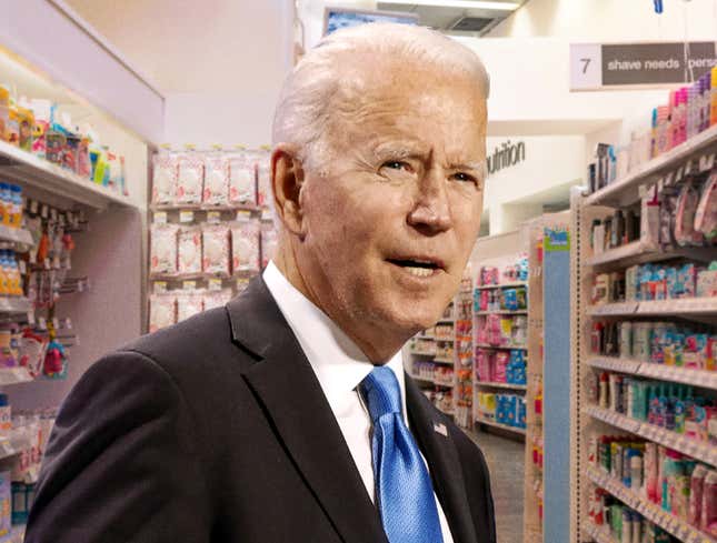 Image for article titled ‘Can You Check The Back For 500 Million More Of These Covid Test Kits,’ Says Biden Picking Up Few Things From CVS