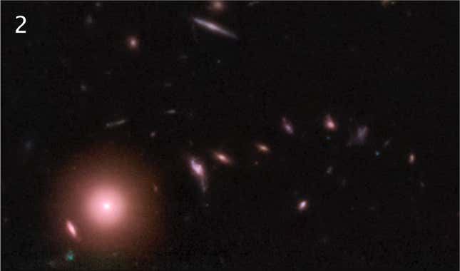 A bright galaxy with a serpentine trail of galaxies to its right.