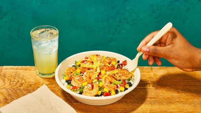 Qdoba mango shrimp bowl with drink