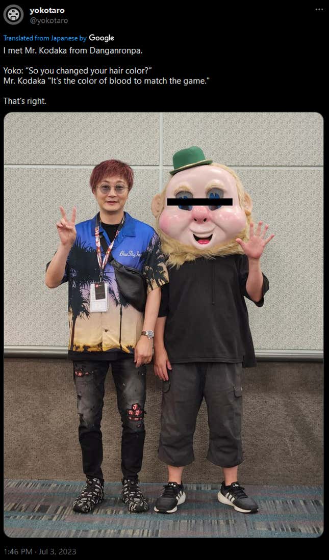 A screenshot of a tweet translated from Japanese shows Yoko Taro wearing his new mask.