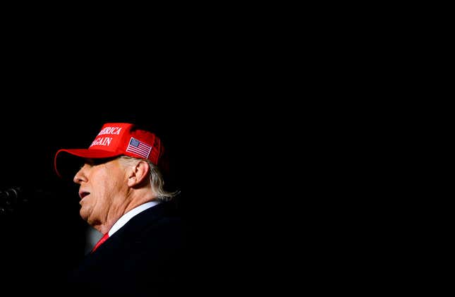 SIOUX CITY, IA - NOVEMBER 03: Former U.S. President Donald Trump speaks during a campaign event at Sioux Gateway Airport on November 3, 2022, in Sioux City, Iowa. Trump held the rally to support Iowa GOP candidates ahead of the state’s midterm election on November 8th.