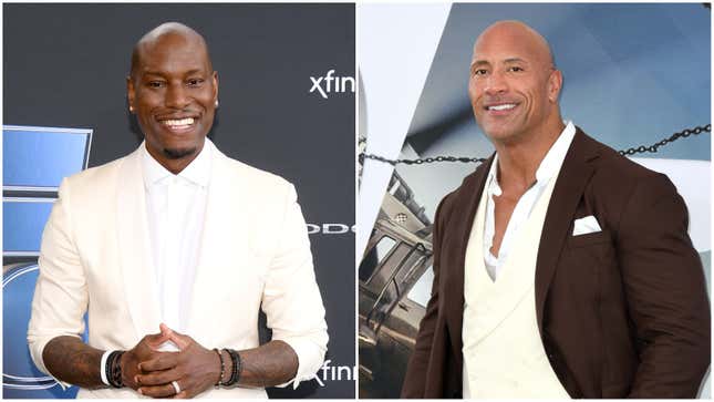 Tyrese Gibson at “The Road to F9&quot; Global Fan Extravaganza on January 31, 2020 in Miami, Florida; Dwayne Johnson attends the premiere of “Fast &amp; Furious Presents: Hobbs &amp; Shaw”on July 13, 2019 in Hollywood, California.